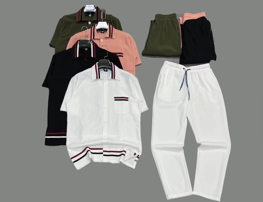 2-piece Men's Comfy Spring Summer Vacation Outfit Set, Men's Ruffled Short Sleeve Lapel Shirt & Drawstring Long Pants Set with red and blue stripe