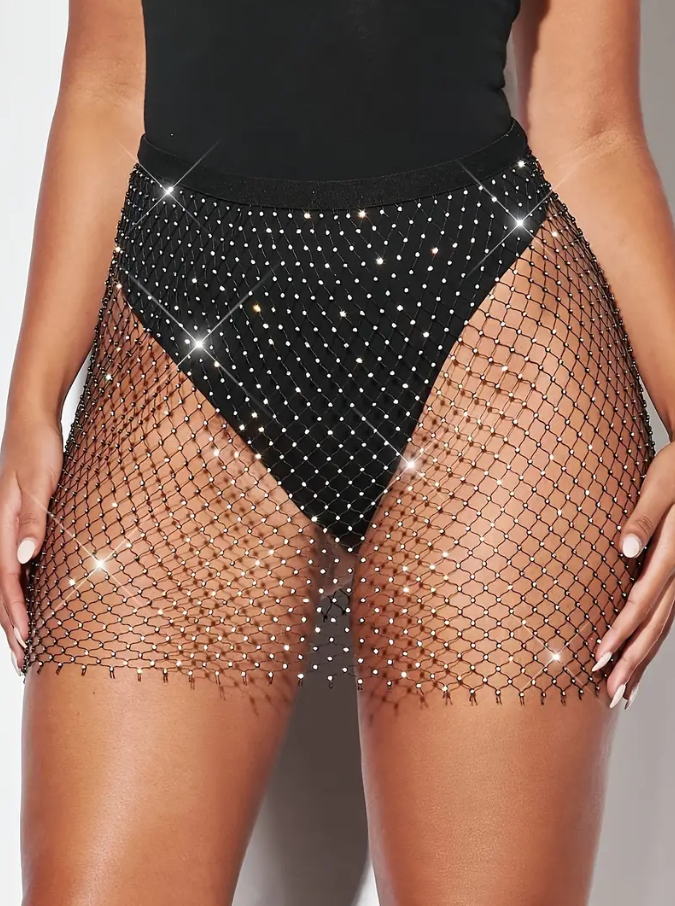 Mini Rhinestone Fishnet Skirt - Sexy High Waist, Hollow Out, Slim Fit, Party & Club Wear, Women's Fashion for Night Out, Dancing, and Special Occasions