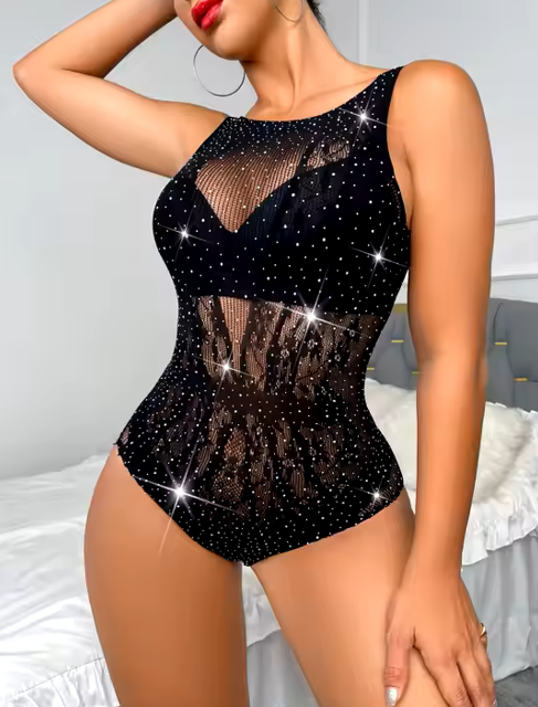 Rhinestone Decor Sexy Cover Up Bodysuit, Sleeveless Lingerie High Cut Beach Cover Up Bodysuit, Women's Swimwear & Clothing