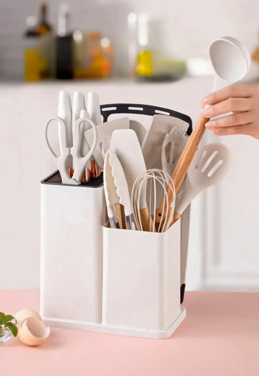 20pcs Wooden Handle Silicone Kitchen Ware, Includes Knives And Cutting Board, Non-Stick Easy To Clean Cooking Spatula Spoon, Superior Material And Heat Resistant, Kitchen Essentials