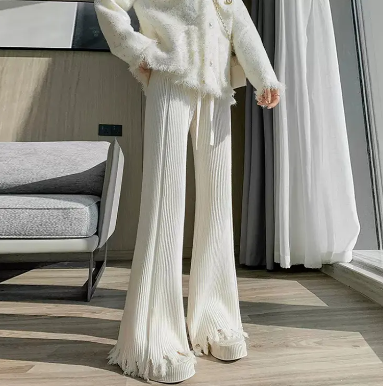 Elegant High-Waisted Straight Leg Knit Pants for Women, Solid Color Knitted Trousers, Perfect for Spring/Summer/Fall - Collection: Elegant