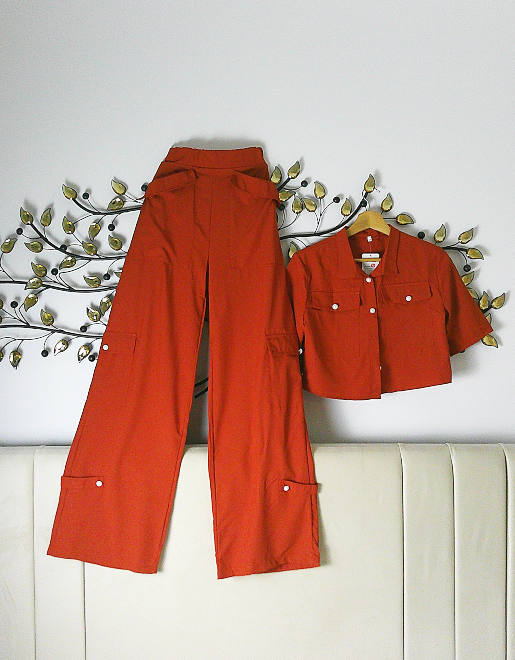 Casual Solid Two-piece Set, Button Front Long Short Sleeve Crop Top & Lettuce Trim Wide Leg Pants Outfits For Women