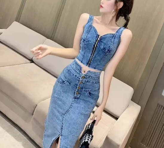 Women's Sylish Denim Print Crop Top + Pencil Skirt 2-Piece Set