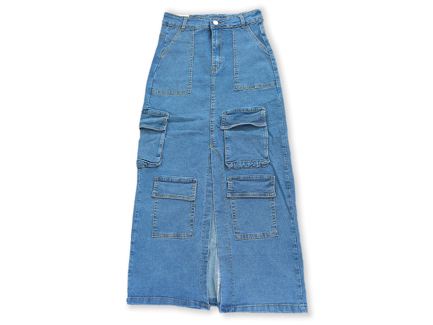 Split Front Side Flap Pocket Plain Ashed Blue High Rise Cargo Midi Denim Skirt, Women's Denim Jeans & Clothing