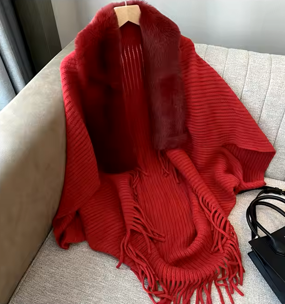 Trendy Faux Fur Collar Knitted Shawl, Warm Fashion Elegant Batwing Long Cloak With Tassel Cardigan For Women