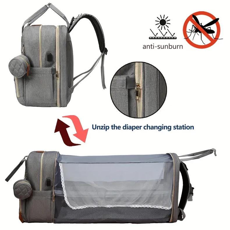 Mother And Baby Diaper Backpack With USB Charging Port, Perfect For Parent, Includes A Changing Compartment Fitted with Little Mattress For Baby's Comfort, Multi functional, Perfect for Travel, Daycar