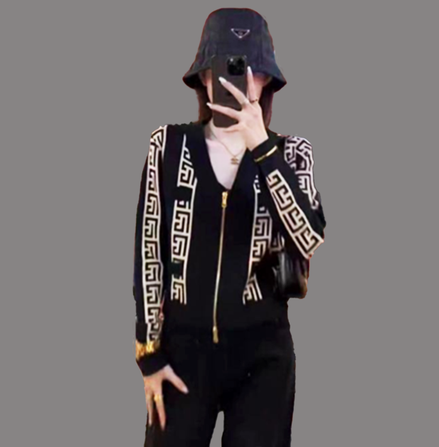 New Design Zip Decorated Long-Sleeved V-Neck Knitted Jacket, Elegant Geometric Design Casual Knit Top For Women